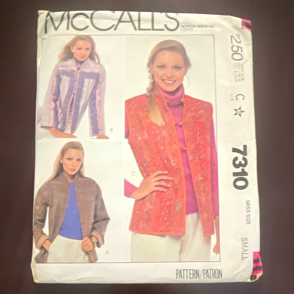 McCall’s 7310 Women’s Misses’ Jacket or Vest Sportswear Sewing Pattern Sz S
